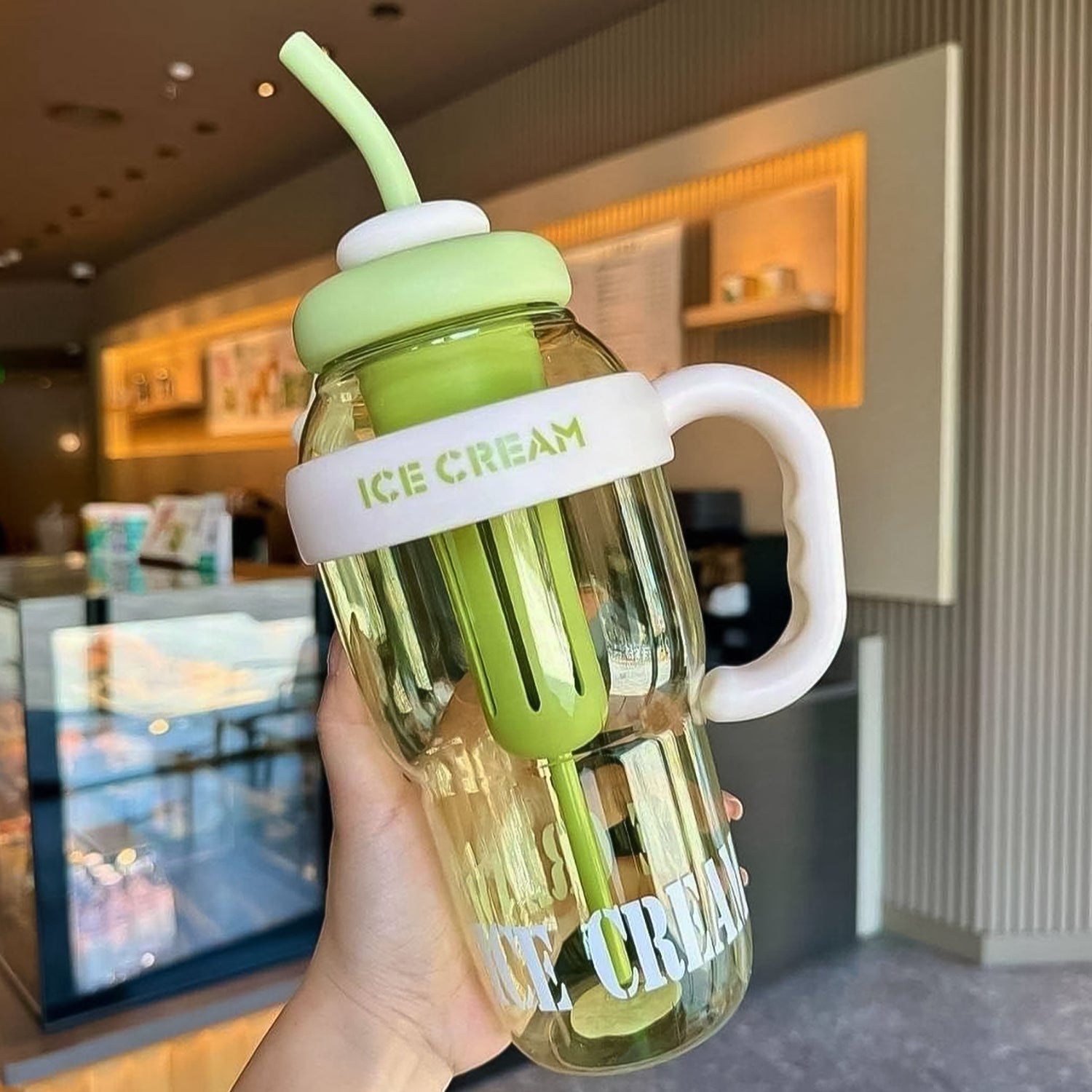 Approx 1300ML Large Capacity Cute Ice Cream Themed Water Bottle with Handle, Straw & Fruit Infuser – Leakproof Sipper for Kids & Adults Approx 1300ML Large Capacity Cute Ice Cream Themed Water Bottle with Handle, Straw & Fruit Infuser – Leakproof Sipper for Kids & Adults